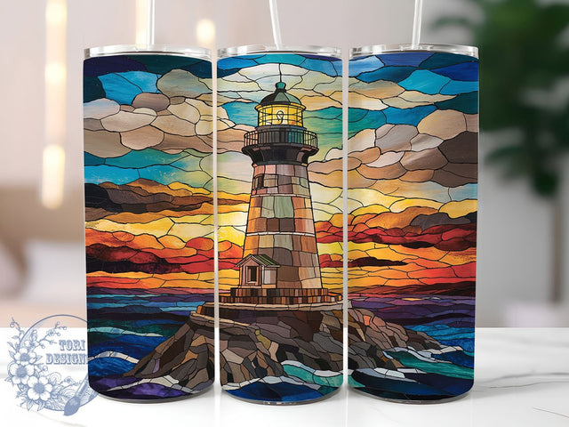 Stained Glass Lighthouse 20oz Tumbler, Nautical Art Wrap, 20oz Sublimation Wrap, Coastal Lighthouse Cup, Ocean Sunset Design, Seaside Stained Glass, Beach Theme Tumbler Sublimation ToriDesigns 