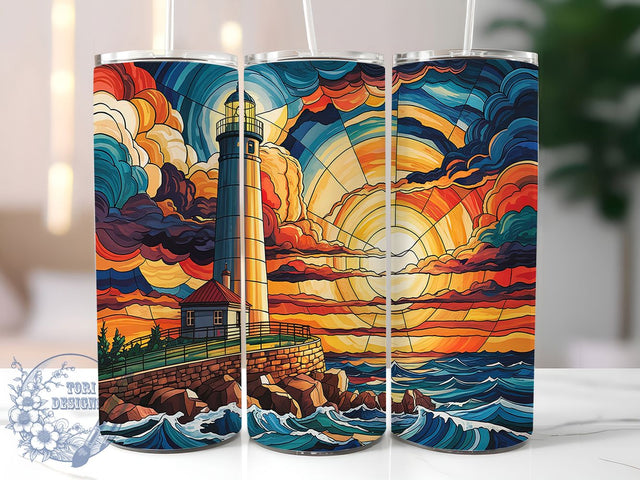 Stained Glass Lighthouse 20oz Tumbler, Nautical Art Wrap, 20oz Sublimation Wrap, Coastal Lighthouse Cup, Ocean Sunset Design, Seaside Stained Glass, Beach Theme Tumbler Sublimation ToriDesigns 