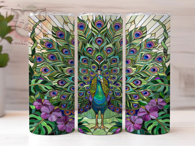 Stained Glass Peacock Hibiscus 20oz Tumbler, Stained Glass, Peacock Motif, Hibiscus Floral, Sublimation Wrap, 20oz Tumbler, Artistic Aesthetic, Exotic Charm Sublimation Lara' s Designs 