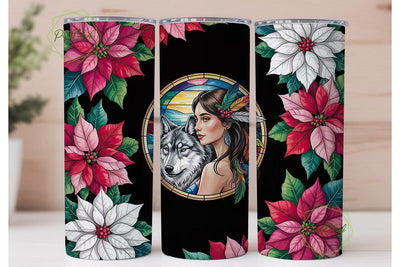 Stained Glass Poinsettia & Wolf Tumbler Sublimation PixelChick 