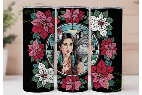 Stained Glass Poinsettia & Wolf Tumbler Sublimation PixelChick 