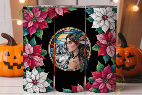 Stained Glass Poinsettia & Wolf Tumbler Sublimation PixelChick 