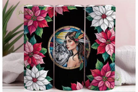 Stained Glass Poinsettia & Wolf Tumbler Sublimation PixelChick 