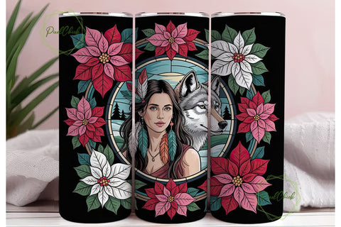 Stained Glass Poinsettia & Wolf Tumbler Sublimation PixelChick 