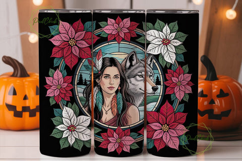 Stained Glass Poinsettia & Wolf Tumbler Sublimation PixelChick 