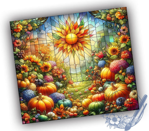 Stained Glass Pumpkins 20oz Skinny Tumbler, Glittery Autumn Flowers & Pumpkins Tumbler Png, Straight & Tapered Tumbler Wrap, Instant Digital Download Sublimation ToriDesigns 