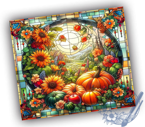 Stained Glass Pumpkins 20oz Skinny Tumbler, Glittery Autumn Flowers & Pumpkins Tumbler Png, Straight & Tapered Tumbler Wrap, Instant Digital Download Sublimation ToriDesigns 