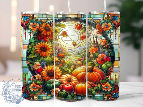 Stained Glass Pumpkins 20oz Skinny Tumbler, Glittery Autumn Flowers & Pumpkins Tumbler Png, Straight & Tapered Tumbler Wrap, Instant Digital Download Sublimation ToriDesigns 
