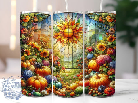 Stained Glass Pumpkins 20oz Skinny Tumbler, Glittery Autumn Flowers & Pumpkins Tumbler Png, Straight & Tapered Tumbler Wrap, Instant Digital Download Sublimation ToriDesigns 