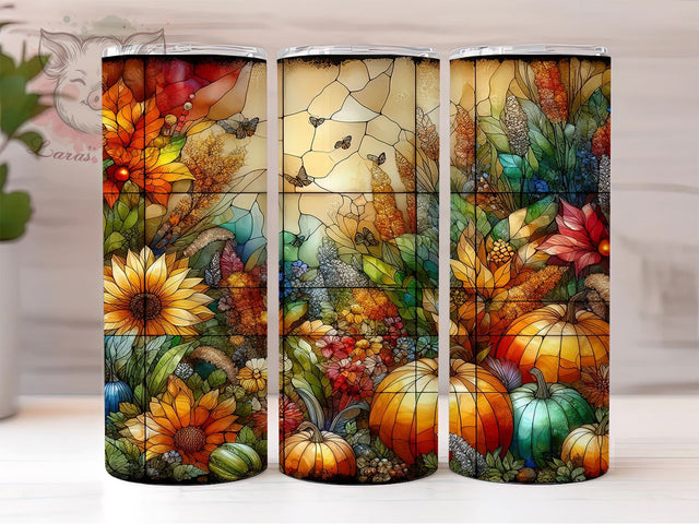 Stained Glass Pumpkins 20oz Tumbler Png, Straight & Tapered Tumbler Png, Glittery Autumn Flowers & Pumpkins Tumbler Png, Digital Download PNG Sublimation Lara' s Designs 