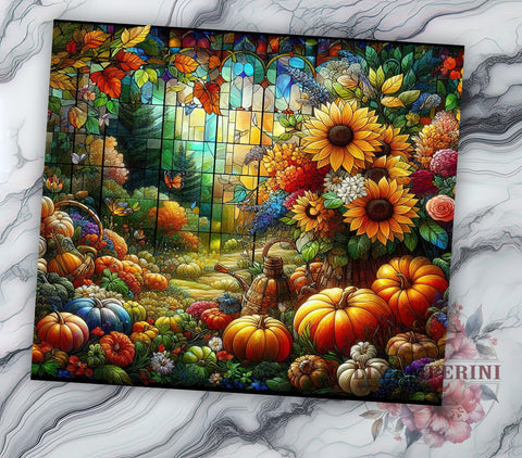 Stained Glass Pumpkins 20oz Tumbler Wrap PNG, Glittery Autumn Flowers & Pumpkins Tumbler Png, Straight & Tapered Tumbler Wrap, Instant Digital Download Sublimation Li Zamperini 