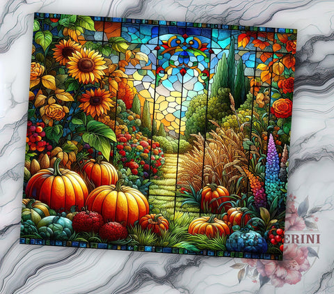 Stained Glass Pumpkins 20oz Tumbler Wrap PNG, Glittery Autumn Flowers & Pumpkins Tumbler Png, Straight & Tapered Tumbler Wrap, Instant Digital Download Sublimation Li Zamperini 