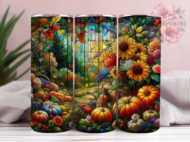 Stained Glass Pumpkins 20oz Tumbler Wrap PNG, Glittery Autumn Flowers & Pumpkins Tumbler Png, Straight & Tapered Tumbler Wrap, Instant Digital Download Sublimation Li Zamperini 