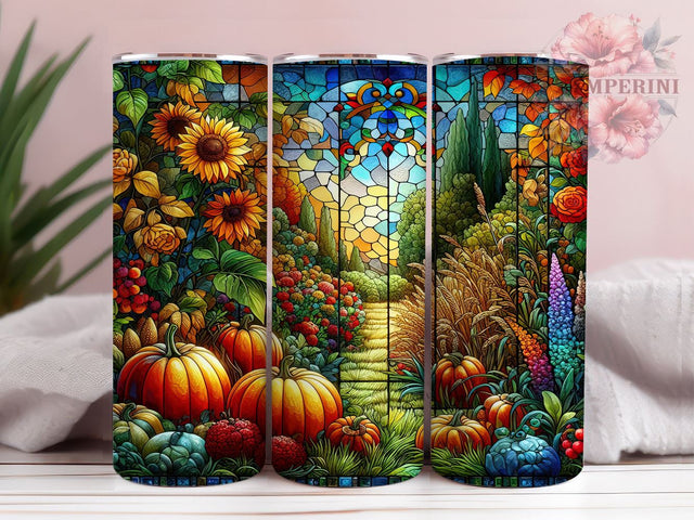 Stained Glass Pumpkins 20oz Tumbler Wrap PNG, Glittery Autumn Flowers & Pumpkins Tumbler Png, Straight & Tapered Tumbler Wrap, Instant Digital Download Sublimation Li Zamperini 