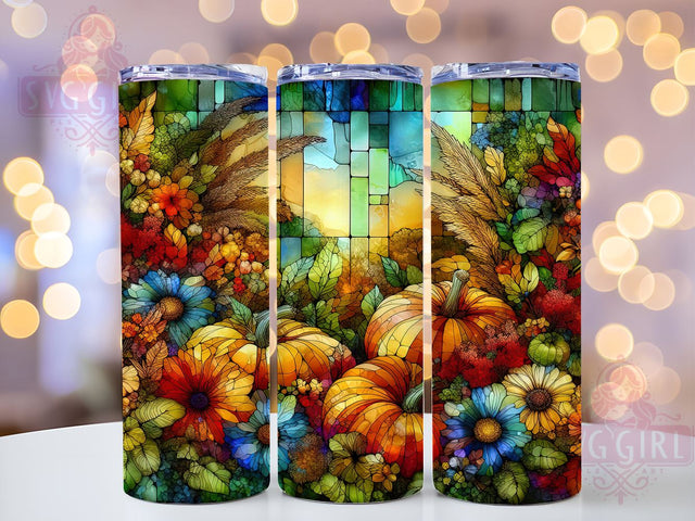 Stained Glass Pumpkins 20oz Tumbler Wrap Sublimation Design, Straight Tapered Tumbler Wrap, Glittery Autumn Flowers & Pumpkins Tumbler Png, Instant Digital Download Sublimation SvggirlplusArt 