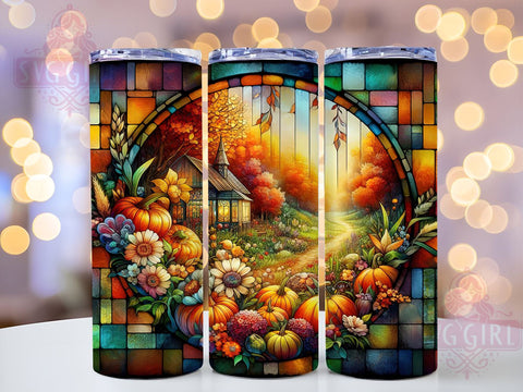 Stained Glass Pumpkins 20oz Tumbler Wrap Sublimation Design, Straight Tapered Tumbler Wrap, Glittery Autumn Flowers & Pumpkins Tumbler Png, Instant Digital Download Sublimation SvggirlplusArt 