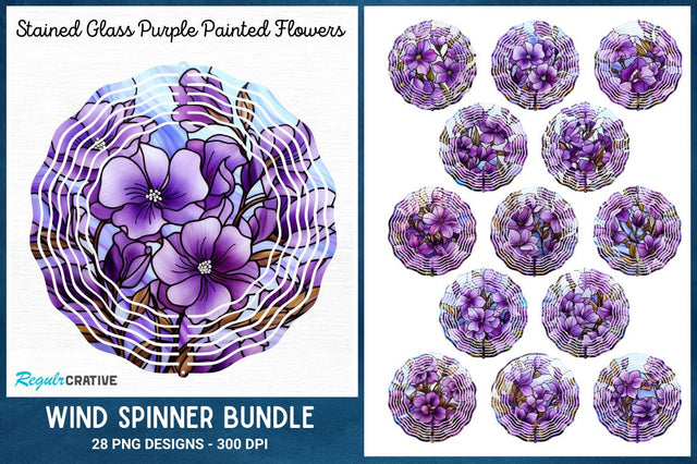 Stained Glass Purple Painted Flowers Wind Spinner Bundle Sublimation Regulrcrative 