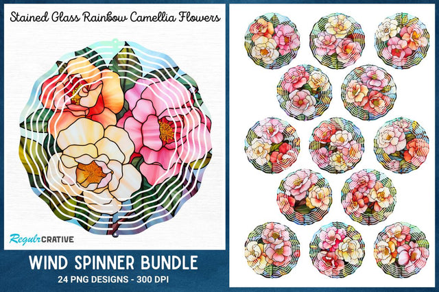 Stained Glass Rainbow Camellia Flowers Wind Spinner Bundle Sublimation Regulrcrative 
