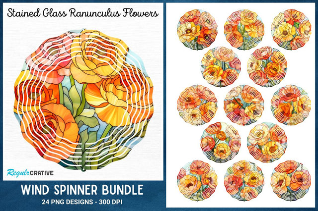 Stained Glass Ranunculus Flowers Wind Spinner Bundle Sublimation Regulrcrative 
