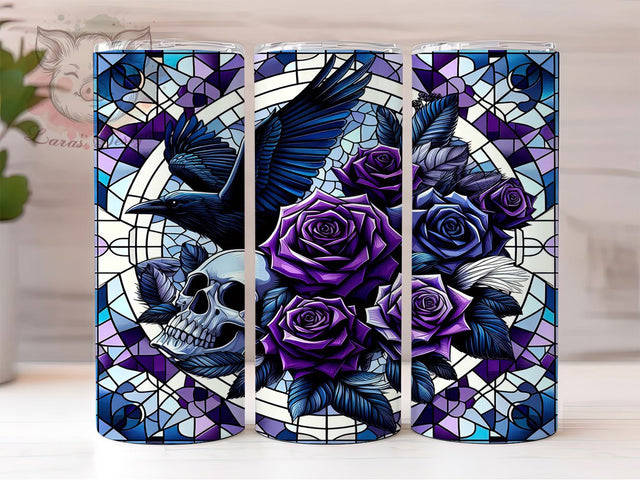 Stained Glass Raven Gothic Garden Tumbler, Stained Glass Raven Wrap, Floral Gothic Design, 20Oz Skinny Tumbler, Raven Sublimation Wrap, Dark Botanical Drinkware, Gothic Nature Tumbler Sublimation Lara' s Designs 