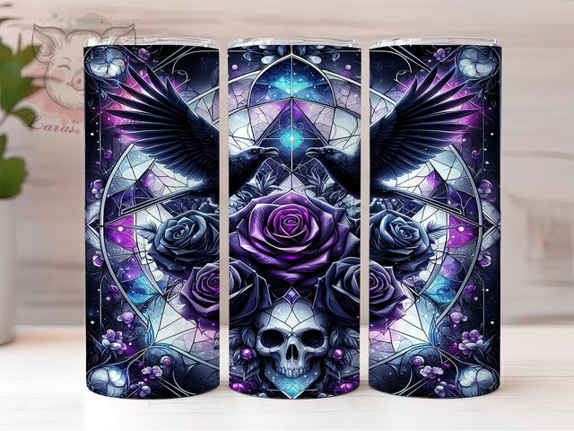 Stained Glass Raven Gothic Garden Tumbler, Stained Glass Raven Wrap, Floral Gothic Design, 20Oz Skinny Tumbler, Raven Sublimation Wrap, Dark Botanical Drinkware, Gothic Nature Tumbler Sublimation Lara' s Designs 