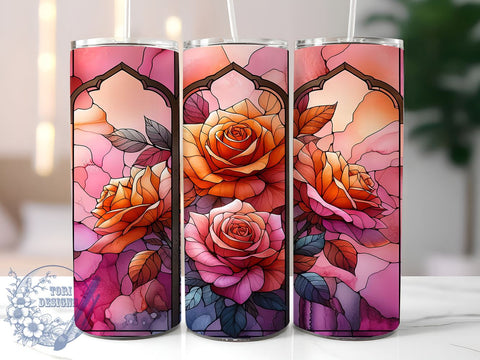 Stained Glass Rose 20oz Skinny Tumbler, Fall Floral Tumbler Png, Straight & Tapered Tumbler Wrap, Instant Digital Download Sublimation ToriDesigns 