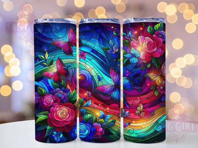 Stained Glass Rose 20oz Tumbler, Stained Glass Cup Wrap, Floral Sublimation Design, 20Oz Tumbler Wrap, Artistic Rose Cup, Colorful Butterfly Design, Elegant Glass Style Tumbler Sublimation SvggirlplusArt 