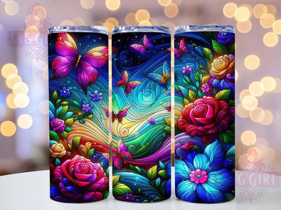 Stained Glass Rose 20oz Tumbler, Stained Glass Cup Wrap, Floral Sublimation Design, 20Oz Tumbler Wrap, Artistic Rose Cup, Colorful Butterfly Design, Elegant Glass Style Tumbler Sublimation SvggirlplusArt 