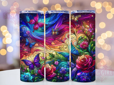 Stained Glass Rose 20oz Tumbler, Stained Glass Cup Wrap, Floral Sublimation Design, 20Oz Tumbler Wrap, Artistic Rose Cup, Colorful Butterfly Design, Elegant Glass Style Tumbler Sublimation SvggirlplusArt 