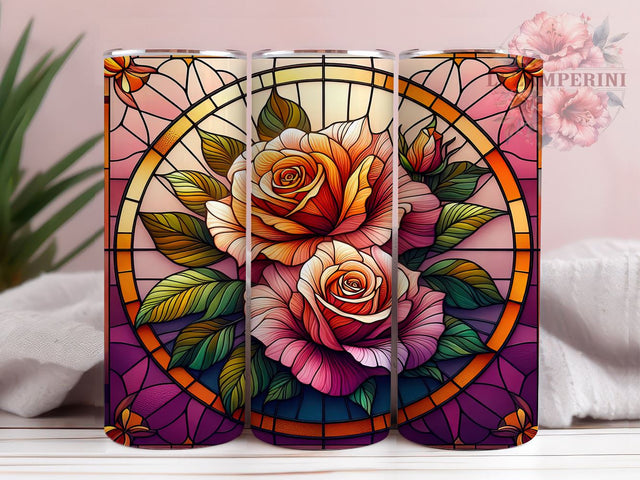 Stained Glass Rose 20oz Tumbler Wrap PNG, Fall Floral Tumbler Png, Straight & Tapered Tumbler Wrap, Instant Digital Download Sublimation Li Zamperini 