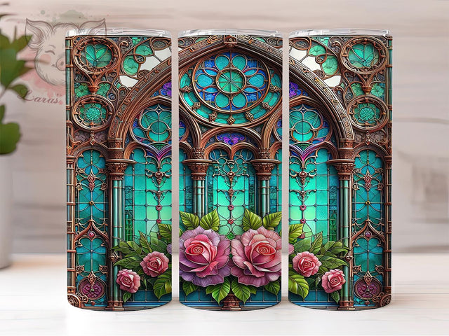 Stained Glass Rose Window Tumbler, Rose Window Wrap, 20Oz Skinny Tumbler, Floral Glass Sublimation, Elegant Rose Design, Artistic Tumbler Wrap, Vintage Floral Tumbler Sublimation Lara' s Designs 