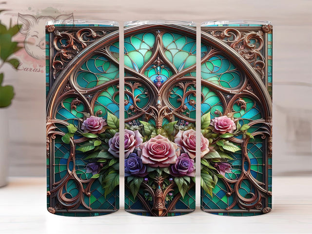 Stained Glass Rose Window Tumbler, Rose Window Wrap, 20Oz Skinny Tumbler, Floral Glass Sublimation, Elegant Rose Design, Artistic Tumbler Wrap, Vintage Floral Tumbler Sublimation Lara' s Designs 