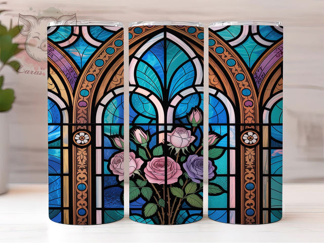 Stained Glass Rose Window Tumbler, Rose Window Wrap, 20Oz Skinny Tumbler, Floral Glass Sublimation, Elegant Rose Design, Artistic Tumbler Wrap, Vintage Floral Tumbler Sublimation Lara' s Designs 