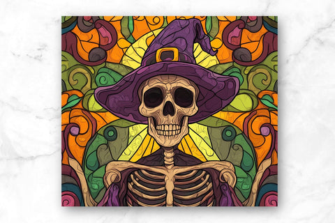 Stained Glass Skeleton 20oz Skinny Tumbler Wrap Sublimation Design. Sublimation CosmosFineArt 
