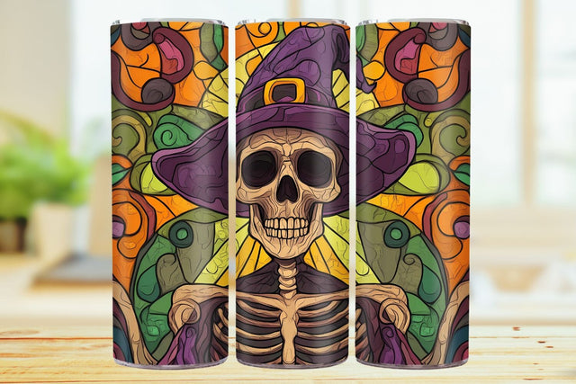 Stained Glass Skeleton 20oz Skinny Tumbler Wrap Sublimation Design. Sublimation CosmosFineArt 