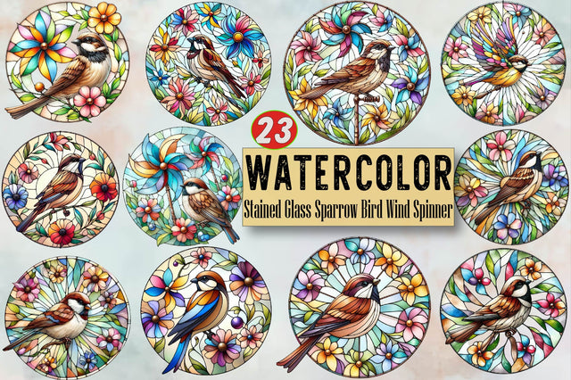 Stained Glass Sparrow Bird Wind Spinner Clipart Bundle Sublimation SVGArt 