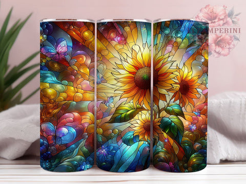 Stained Glass Sunflower 20oz Tumbler Wrap PNG, Sunflower Tumbler Png, Straight & Tapered Tumbler Wrap, Instant Digital Download Sublimation Li Zamperini 