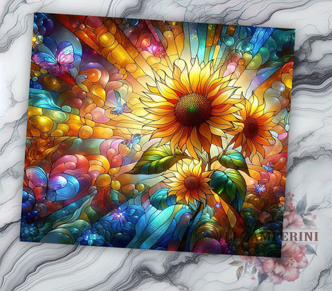 Stained Glass Sunflower 20oz Tumbler Wrap PNG, Sunflower Tumbler Png, Straight & Tapered Tumbler Wrap, Instant Digital Download Sublimation Li Zamperini 