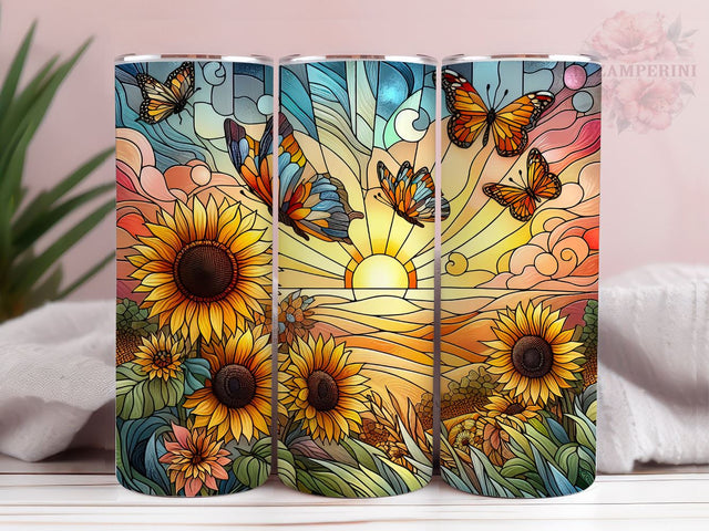 Stained Glass Sunflowers and Butterflies 20oz Tumbler Wrap PNG, Butterflies Tumber Png, Straight & Tapered Tumbler Wrap, Instant Digital Download Sublimation Li Zamperini 