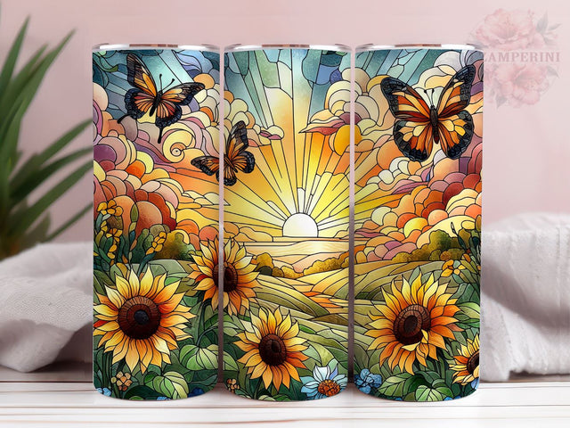 Stained Glass Sunflowers and Butterflies 20oz Tumbler Wrap PNG, Butterflies Tumber Png, Straight & Tapered Tumbler Wrap, Instant Digital Download Sublimation Li Zamperini 