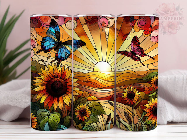 Stained Glass Sunflowers and Butterflies 20oz Tumbler Wrap PNG, Butterflies Tumber Png, Straight & Tapered Tumbler Wrap, Instant Digital Download Sublimation Li Zamperini 