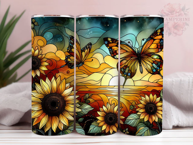 Stained Glass Sunflowers and Butterflies 20oz Tumbler Wrap PNG, Butterflies Tumber Png, Straight & Tapered Tumbler Wrap, Instant Digital Download Sublimation Li Zamperini 