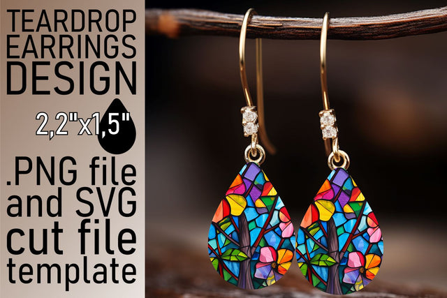 Stained Glass Teardrop Earrings Colorful Tree Design Sublimation afrosvg 