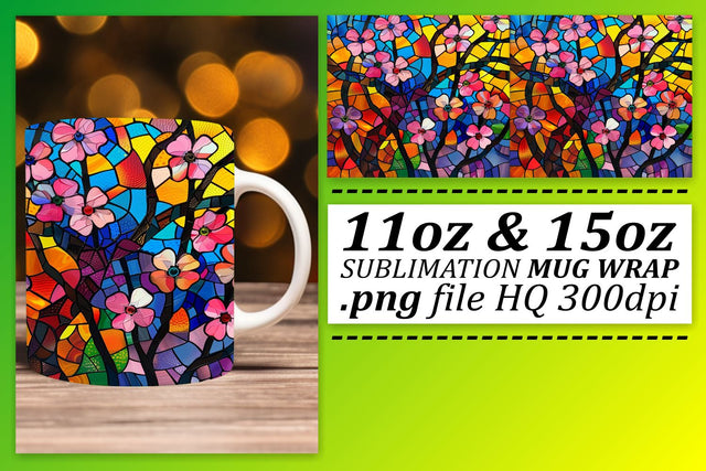 Stained Glass Tree 11oz/15oz Mug Wrap Colorful Design Sublimation afrosvg 