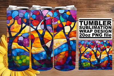 Stained Glass Tree 20oz Wrap Colorful Tumbler Design Sublimation afrosvg 