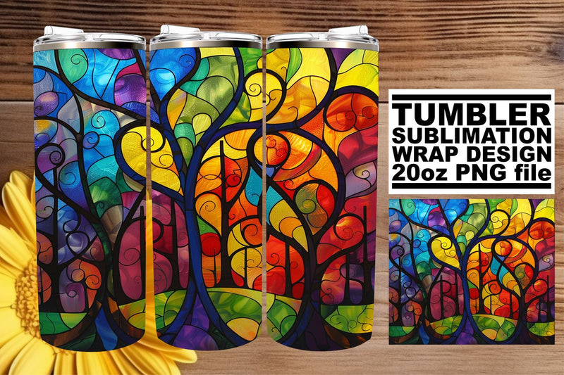 Stained Glass Tree 20oz Wrap Colorful Tumbler Design Sublimation afrosvg 