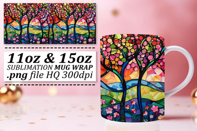 Stained Glass Tree Colorful Mug Wrap 11oz/15oz Sublimation Sublimation afrosvg 