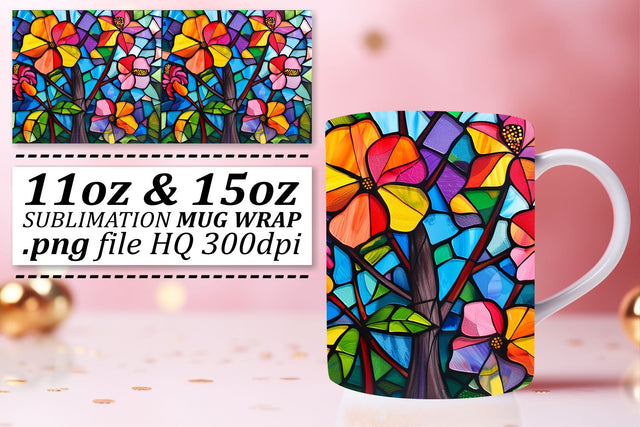 Stained Glass Tree Colorful Wrap 11oz/15oz Mug Design Sublimation afrosvg 