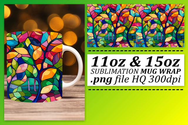 Stained Glass Tree Mug Wrap 11oz/15oz Colorful Sublimation Sublimation afrosvg 