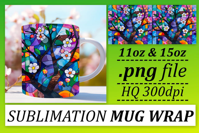 Stained Glass Tree Mug Wrap 11oz/15oz Colorful Sublimation Sublimation afrosvg 